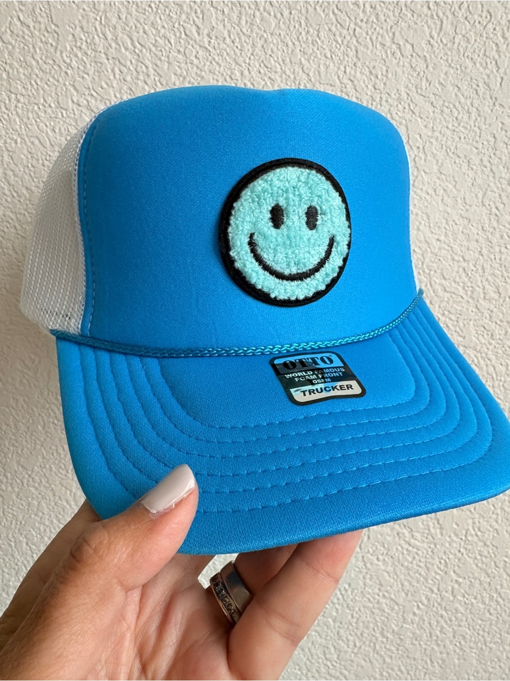 OTTO Blue & White Trucker Hat with Smiley Patch
